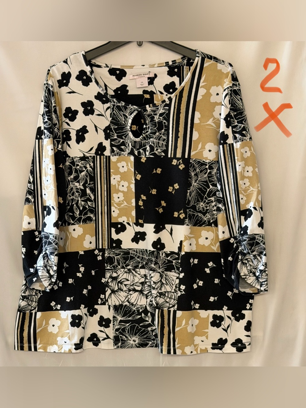 Allison Daley Black White and Gold Floral Patchwork Long Sleeve Tee